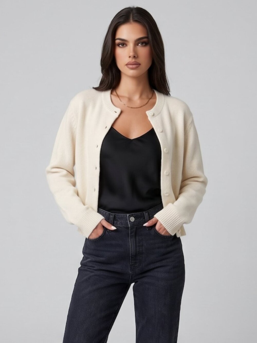 Beige Button-Up Crewneck Cardigan | Cropped Soft Knit Layering Sweater